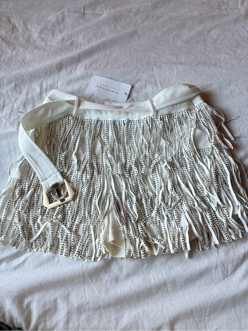 American Threads White Studded Fringe Mini Skirt with Belt